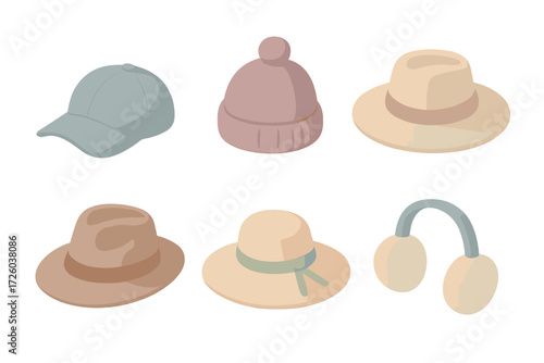 Pastel Headwear Icons. Isometric vector illustration set of headwear icons: baseball cap, beanie, wide-brim hat, fedora, sun hat,