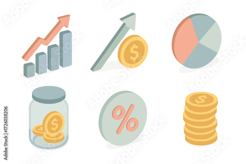 Pastel Financial Icons. Isometric vector illustration set of financial KPI icons: revenue chart, profit growth arrow, expense