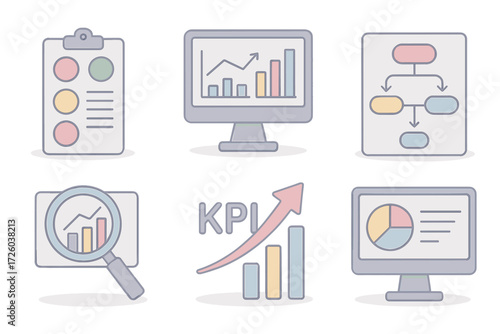 Executive Dashboard Icons. Isometric vector illustration set of executive dashboard icons: balanced scorecard, performance