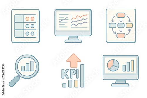 Executive Dashboard Icons. Isometric vector illustration set of executive dashboard icons: balanced scorecard, performance
