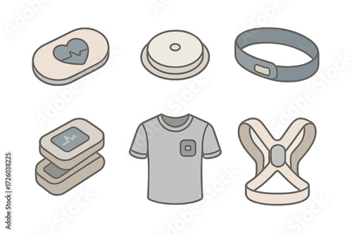 Health Wearable Icons. Isometric vector illustration set of health-focused wearables: ECG patch, glucose monitoring sensor, sleep