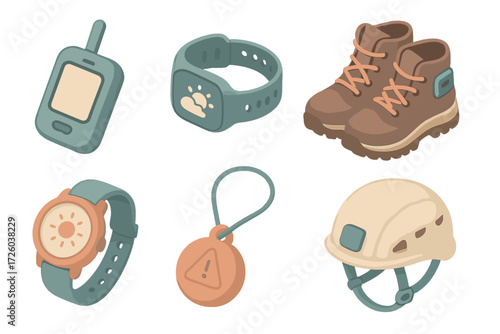 Outdoor Adventure Gear Icons. Isometric vector illustration set of outdoor adventure wearables: GPS tracker, weather sensor