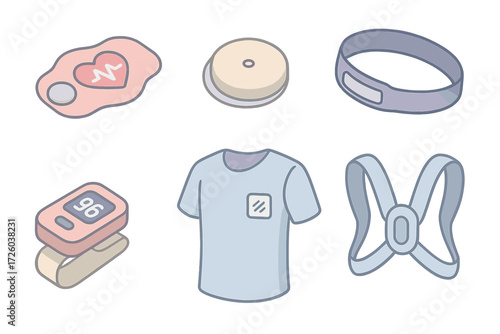 Health Wearable Icons. Isometric vector illustration set of health-focused wearables: ECG patch, glucose monitoring sensor, sleep