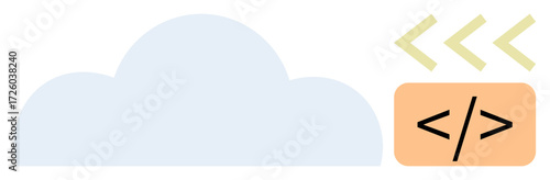 Cloud shape with coding tag and arrows symbolizing data transfer, signifying hosting, programming, and storage. Ideal for cloud services, web development, programming, data integration, hosting