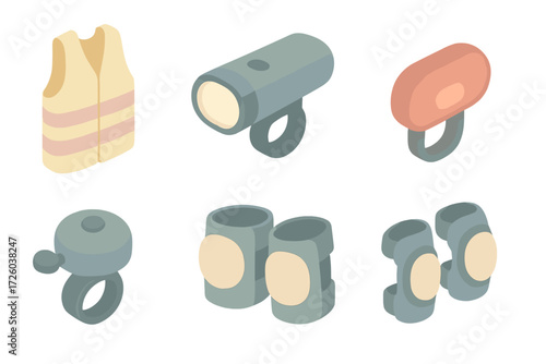 Cycling Safety Icons. Isometric vector illustration set of cycling safety icons: reflective vest, front bike light, rear red light