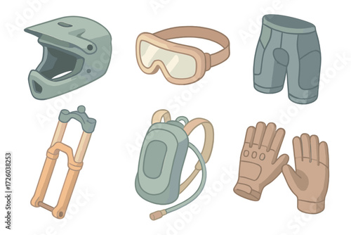 Mountain Biking Gear Icons. Isometric vector illustration set of mountain biking gear icons: full-face helmet, protective goggles,