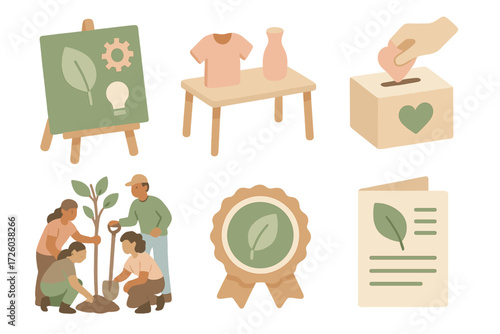 Community Awareness Icons. Isometric vector illustration set of community and awareness icons: eco workshop board, swap event