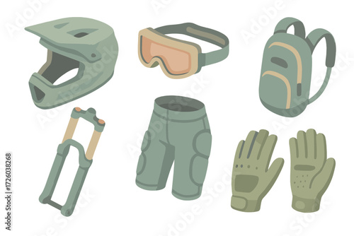 Mountain Biking Gear Icons. Isometric vector illustration set of mountain biking gear icons: full-face helmet, protective goggles,