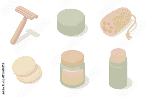 Zero Waste Icons. Isometric vector illustration set of personal care zero waste icons: safety razor, solid shampoo bar, natural