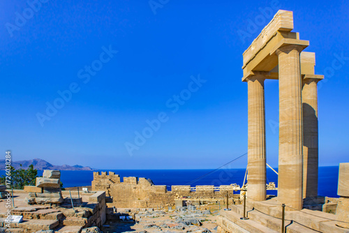 The Acropolis of Lindos. the ruins of an ancient citadel on a steep cliff with sea views, Rhodes,  Greece