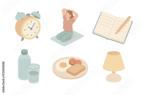 Daily Wellness Icons. Isometric vector illustration set of daily wellness routine icons: alarm clock, morning stretch, journal