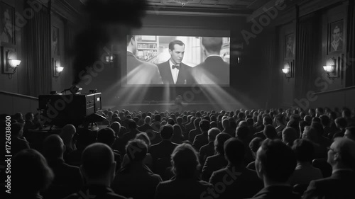 A black and white cinema with a crowd watching an old noir film with a retro projector. 4k video