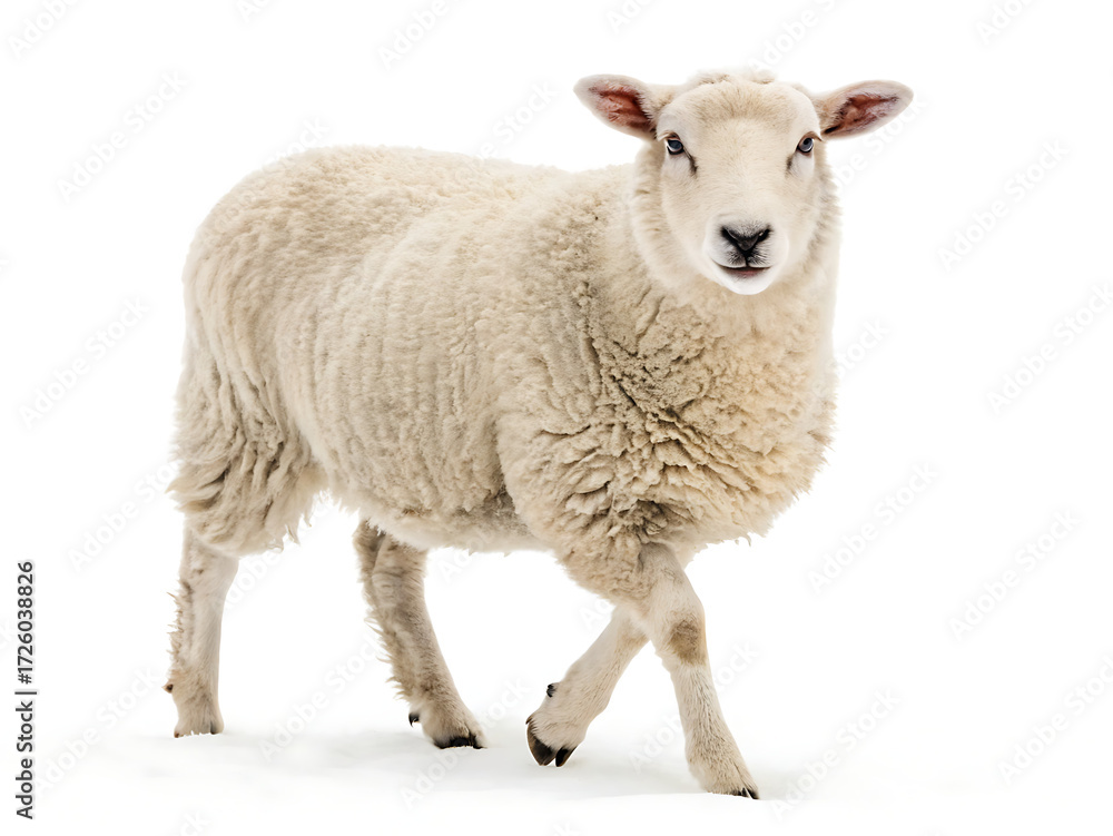 Fototapeta premium A full body shot of a sheep with white wool standing on a white background looking at the camera directly