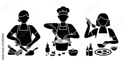 Chefs preparing food: one chops vegetables, another stirs a pan, and yet another tastes the food. Culinary vector.