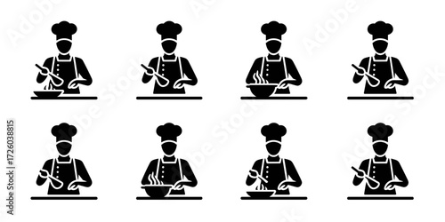 This is a set of icons depicting a chef preparing food. The cooking process is shown in several stages.
