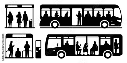 Vector illustration of black silhouette of public transport including bus and bus stop with people waiting.