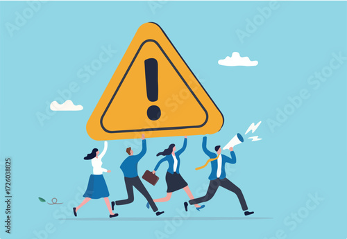 Attention message announcement, important communication or advertisement, beware warning, careful symbol or urgent notification concept, business people carrying attention sign with loud speaker.