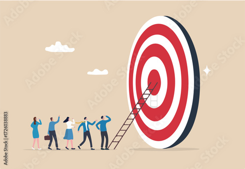 Climb corporate ladder to achieve career target, stair to reach work success, employee career path winning steps or achievement concept, business people employee queue to climb ladder to reach target