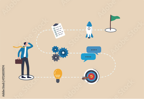 Winning plan to success, strategy step to reach success, career journey, project management or idea development, challenge, flowchart to succeed concept, businessman walk on winning plan journey