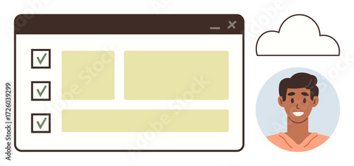 Web browser window with task checklist, cloud icon symbolizing online storage, and user profile avatar. Ideal for productivity, cloud storage, user interaction, task assignments, collaboration
