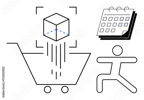 Cube scanned above shopping cart, calendar for scheduling, person suggesting agility or action. Ideal for e-commerce, planning, logistics, automation, workflow, teamwork simple flat metaphor