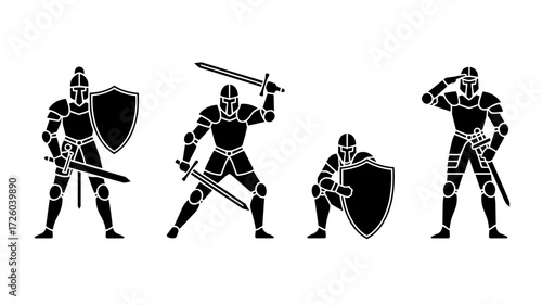 A vector illustration of four knights, each in different poses and with unique armament.