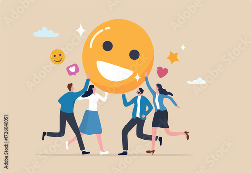 Employee satisfaction, workplace happiness or success team motivation, employee engagement or participation, feedback or company survey rating concept, business people employee with smile happy face