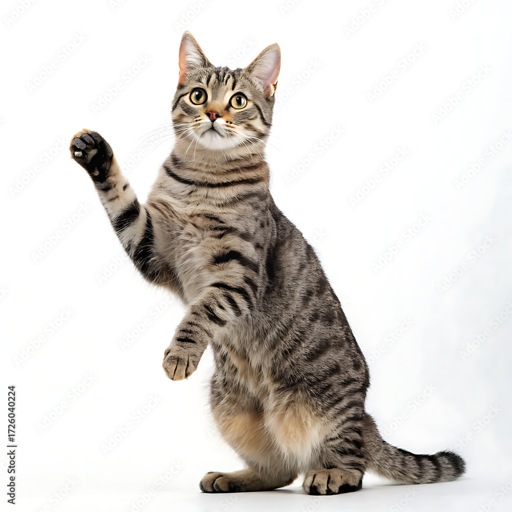 Fototapeta premium A tabby cat standing on its hind legs with its paw raised on a white background in a studio shot