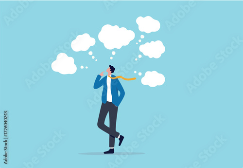 Too many thinking ideas, overwhelmed issues or busy problem to be solved, contemplation solutions for troble, concerned or anxiety concept, businessman thinking with many thinking bubbles