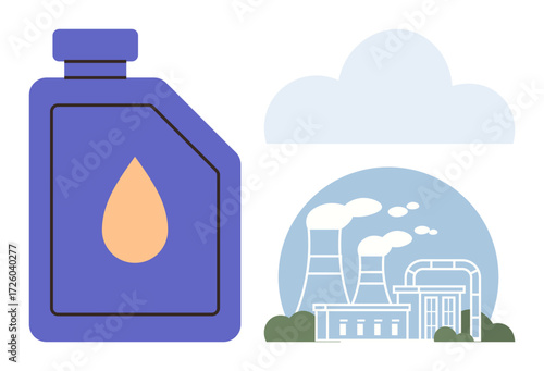 Large oil container with a droplet icon next to a factory emitting smoke from chimneys. Ideal for energy, pollution, industry, fuel, sustainability, climate change, and environmental concepts. Simple