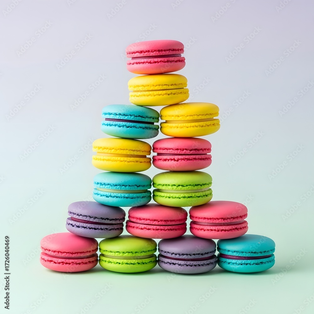 Fototapeta premium Assorted colorful macarons stacked in a pyramid, isolated on a pastel background.