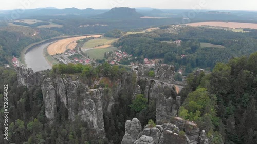 Panoramic view of the bastei bridge and elbe river in saxon switzerland, germany