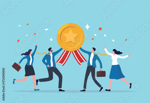 Team achievement, high quality employees, teamwork to help success together, best quality service reward, high performance staffs concept, business people celebrate high quality badge achievement