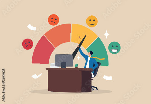 Job satisfaction, work environment wellbeing, office quality happiness, work life balance score rating, career growth or workload concept, businessman working at office desk with satisfaction rating