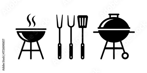 Barbecue vector graphics. Grilling utensils and smoke represent summer cooking and outdoor gatherings.