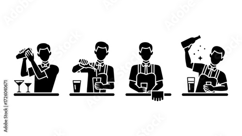 Bartenders preparing drinks with cocktail shakers and serving bottles in a simplified style. Vector sheet.