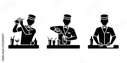 Silhouette vector of bartenders making cocktails with shaker, glasses and ingredients at bar
