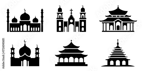 Silhouette vector of religious buildings including mosque, church and eastern temples
