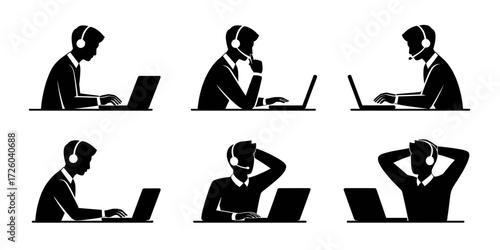 Silhouette vector of men working on laptops with headset in different postures and gestures
