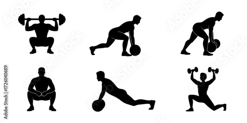 Silhouette vector of men doing weight training exercises with bars, dumbbells and medicine ball
