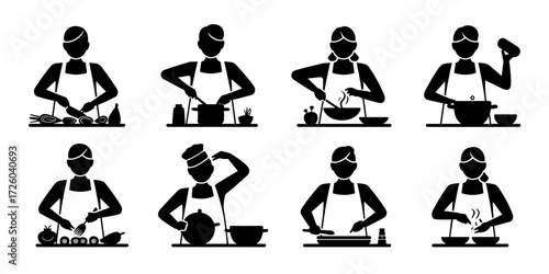 Silhouette vector of women cooking with various utensils, ingredients and kitchen actions
