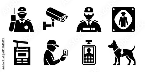 Silhouette vector of security elements including guard, camera, ID badge, dog and access devices
