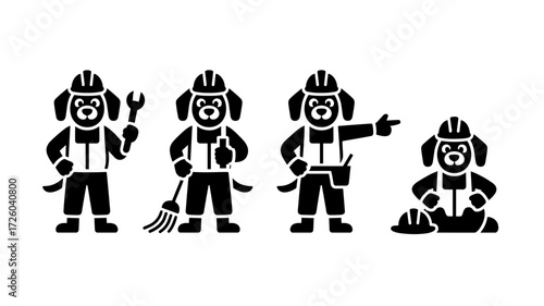 Vector illustration of construction worker dogs in black silhouette style. The image features four anthropomorphic dogs wearing safety helmets and workwear, holding tools like a wrench, broom, screwdr
