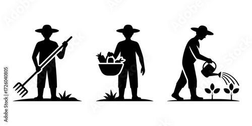 Vector illustration of farmers in black silhouette style. The image features three male figures wearing hats, performing various agricultural tasks—holding a rake, carrying a basket of vegetables, and