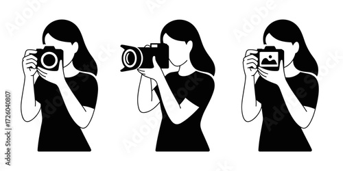 Vector illustration of women photographers. This black silhouette set shows female figures in different photography actions—taking pictures, holding a professional camera, and displaying a photo. Suit