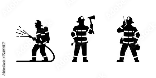 Vector illustration of firefighters in action. The set features black silhouette figures of firemen using a hose, holding an axe, and communicating via radio while carrying emergency gear. Perfect for