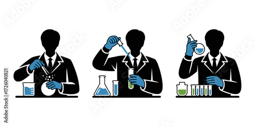 Vector illustration of scientists performing chemical experiments in a laboratory. Includes figures mixing reagents, using pipettes, and analyzing test tubes. Modern black silhouettes with colored lab