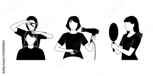 Vector silhouettes of hairdressers at work in a beauty salon, including haircutting, blow-drying, and clients looking into mirrors. Minimalist and modern design for beauty, fashion, and salon-related 