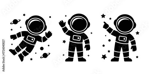 Vector silhouettes of astronauts in space, surrounded by stars and planets, in various poses. Cute and simple space-themed illustrations suitable for science and astronomy concepts.
