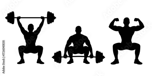 Vector silhouettes of muscular men lifting barbells, squatting with heavy weights, and posing with flexed arms. Fitness and bodybuilding themed illustrations.
